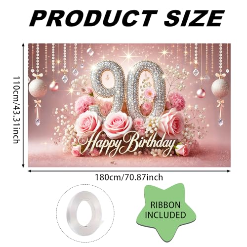 Image of Nuxovilar 90th Birthday Banner - Elegant Pink & Gold Floral Backdrop | with Glitter inch90 inch Sign, 71x43 Inch Large Party Decor for Women & Men, Reusable Indoor /Outdoor Hanging