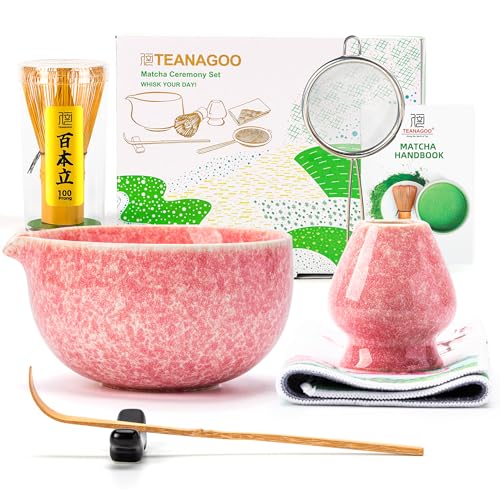 TEANAGOO Matcha Whisk Set,7 Pcs Matcha Set Pink,Ceremony Matcha Kit,Matcha Tea Set for Making Latte,Ceramic Bowl(chawan) Whith Spout and Whisk,Gift for Matcha Lovers