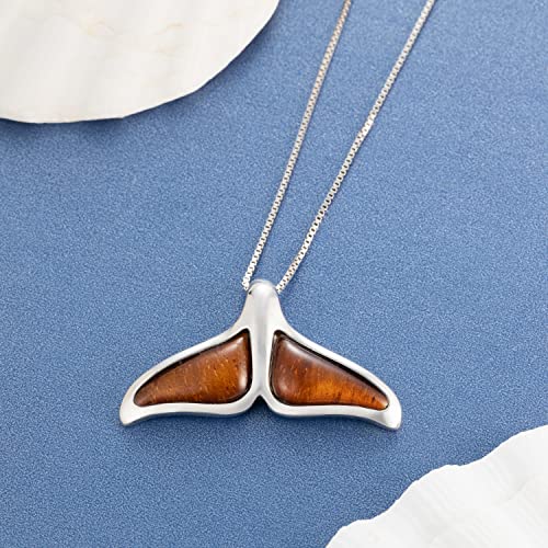 Aloha Jewelry Company 925 Sterling Silver Koa Wood Hawaiian Whale Tail Necklace Pendant with 18" Box Chain, Nickel Free Hypoallergenic for Sensitive Skin, Ocean Sea Life, Gift Box Included2