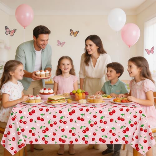 FVEOCR 4Pcs 86x51IN Pink Red Cherry Tablecloths Pink Cherry Birthday Table Cover Cherries Table Clothes for Birthday Baby Shower Wedding Bridal She's The Cherry On Top Decor by FVEOCR - Image 3