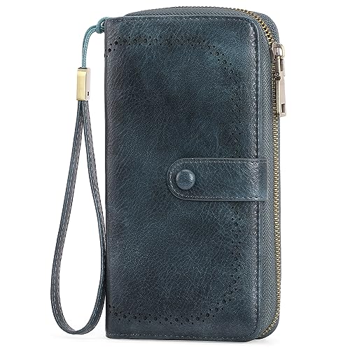 Portafoglio da donna pelle con porta carte di credito con blocco RFID grande capacità con cinturino da polso 45 scomparti nero Blu L Moderno