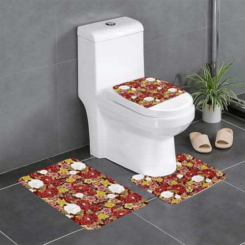 牡丹 菊 和柄 花 和風 トイレマット 3点セット フタカバー 浴室足ふきマット 吸水 速乾 滑り止め 抗菌 防臭 洗える ふわふわ プレゼント 40x60cm
