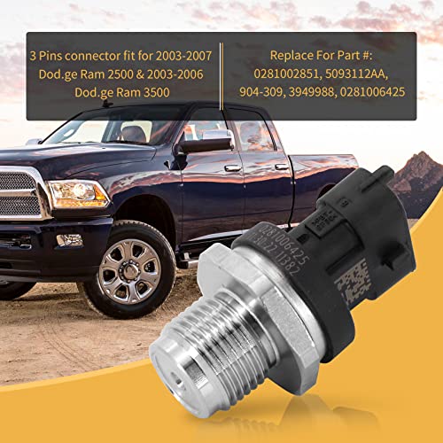 KIPA Fuel Rail Pressure Sensor for Dodge Ram 2500 2003-2007 Dodge Ram 2003-2006 Truck Cummins Diesel L6 5.9L Replace Bosch OEM # 0281006425 0281002851 5093112AA 904-309 3949988