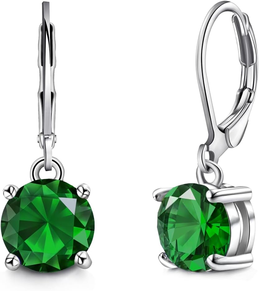 8MM Round Crystal Leverback Earrings, Vintage Style Birthstone Jewelry for Women, Sapphire, Garnet, Emerald Fashion Drop Dangle Earrings
