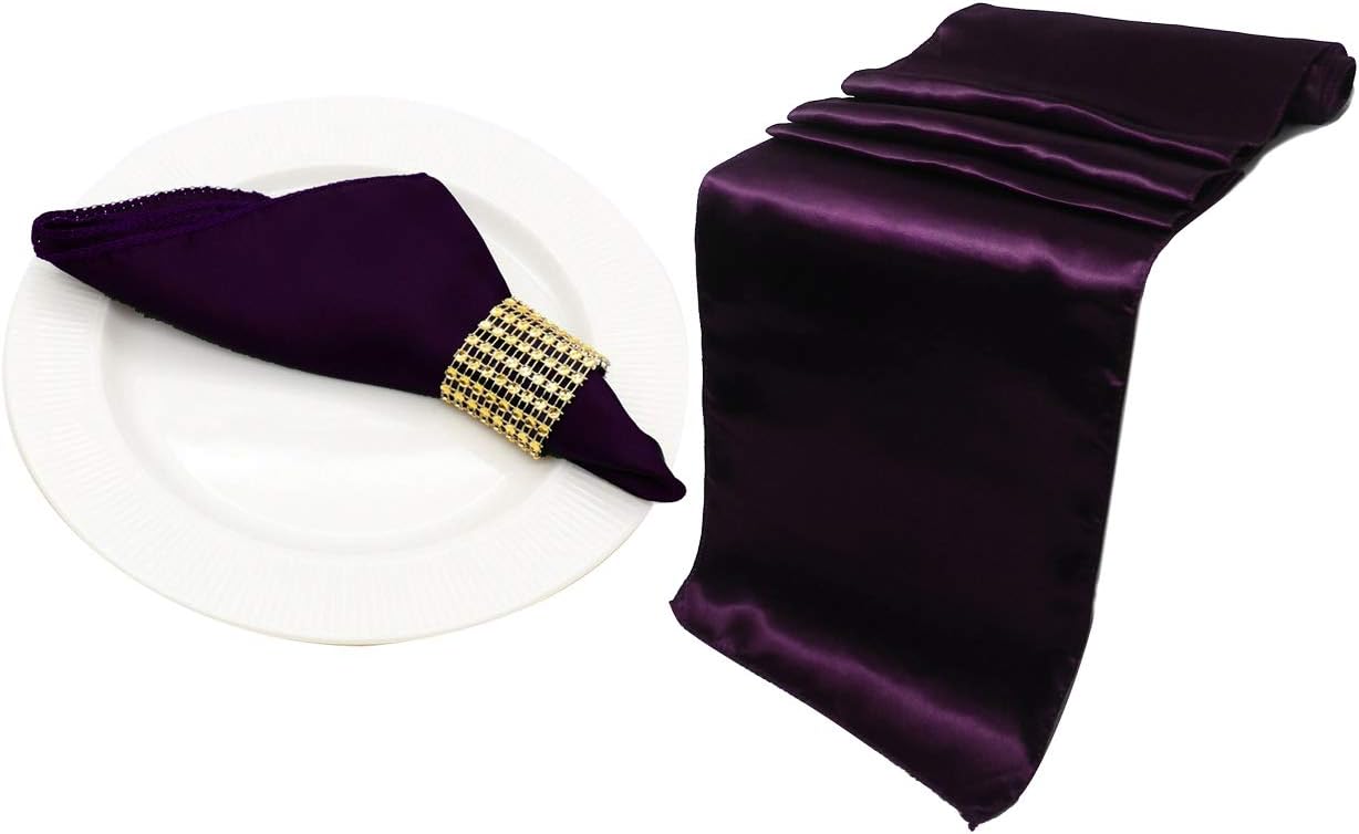 2 Satin Table Runner 12 x 108 Inch & 10 Pack 12 x 12 Inch Satin Napkins & 10 Rhinestone Napkin Rings, Party Supplies Christmas Decorations Wedding Birthday Baby Shower (Plum)