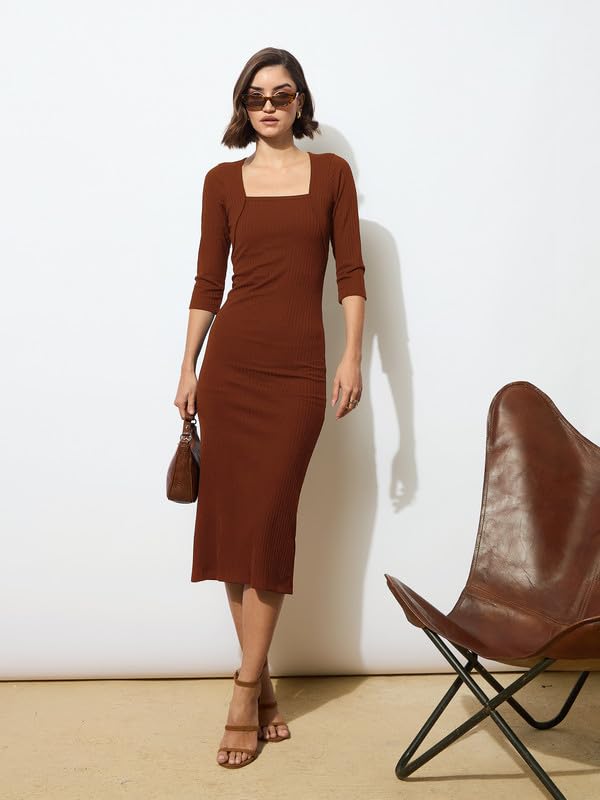 Image of barcino Black Rib Square Neck Sticth Detail Midi Dress