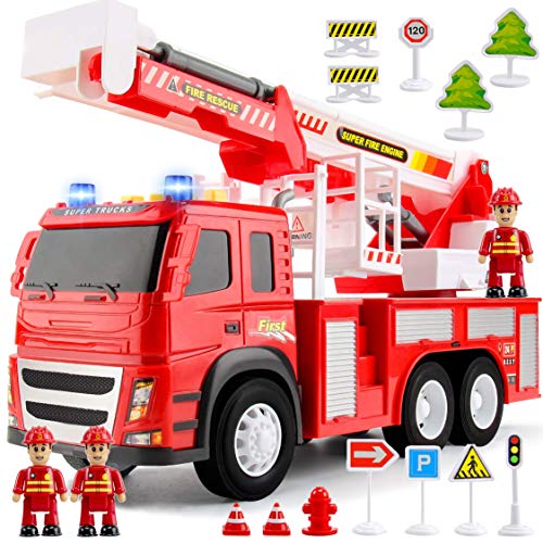 Fire Truck Playset – 1:12 Scale Large Size Toys - Realistic Fire Engine, 3 Firemen, Road Signs, Lights, Sounds - Friction-Powered Fire Truck Toys For 3 Year Old Boys, Girls, Toddlers Age 3 4 5 #TOP6