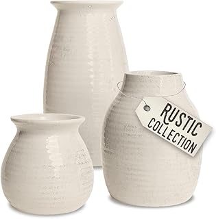 White Vases for Decor - Rustic Home Decor, Modern Farmhouse Decorations - Ceramic Vase for Fireplace Decor - Vases for Flo...