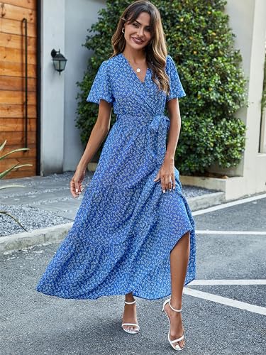 Image of MASCOMODA Women Boho Swiss Dot Maxi Dresses Wrap V Neck Flutter Short Sleeve Solid Tie Waist A Line Tiered Flowy Long Dresses
