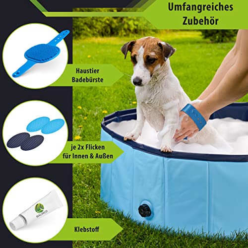 Stabiler Hundepool | Planschbecken für Hunde | Faltbarer Pool mit Ablassventil | rutschfeste Badewanne | Bällebad Kinder | Bälle Bad inkl. Badebürste & Reparaturset - Dog Pool 80x30 (Blue) - Image 7