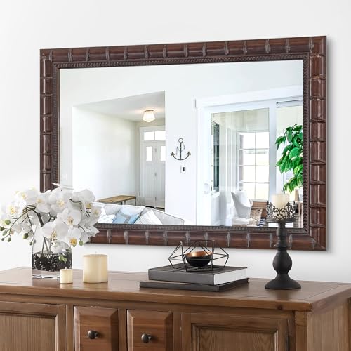 Image of Vintage Bronze Mirror, 39'' x 27'' Solid Wood Mirror Frame with Bamboo-Joint Design, Decorative Wall Mirrors for Living Room, Bathroom, Bedroom, Entryway, Fireplace, Horizontal /Vertical