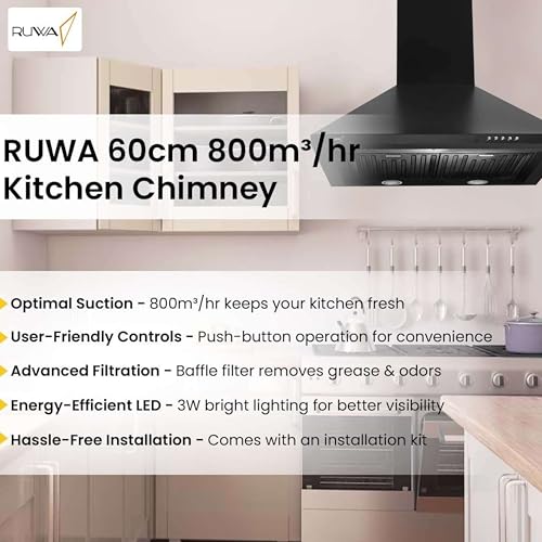 Image of RUWA VIVA 60 cm Wall Mounted Kitchen Chimney Black | 1000 CMH Suction | Baffle Filter | 3 Speed Push Button Control | Low Noise | Ideal for 2-4 Burner Stoves