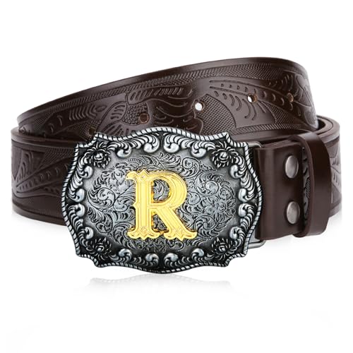 Image of Mens Western Cowboy Cowgirl Faux Leather Belt Longhorn Bull Pattern Letter Big Buckle Embossed Floral Belts