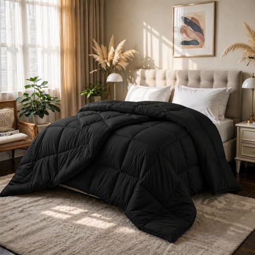 Image of Luxury Hotel Collection Cotton Comforter | All-Season Lightweight Quilt for Hot Sleepers | Plush, Breathable & Box-Stitched (Queen) Black
