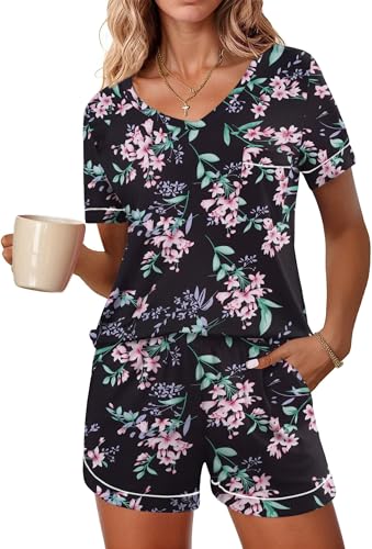 Image of Ekouaer Pajamas Set for Women 2 Piece Sleepwear Short Sleeve Top and Shorts Soft V Neck Pjs Lounge Set with Pockets,Black Flowers,XX-Large