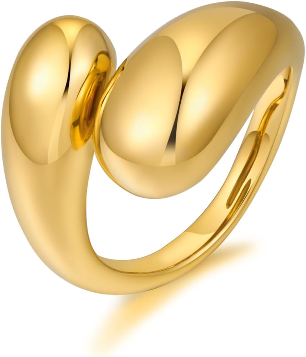 Chunky Teardrop Rings for Women Silver Gold Bypass Dome Rings Thick Statement Open Adjustable Rings Simple Waterdrop Stackable Band Rings