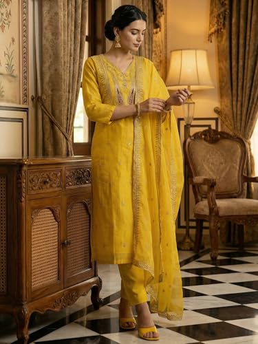 Image of INDO ERA Women's Cotton Solid Straight Kurta Palazzo With Dupatta Set