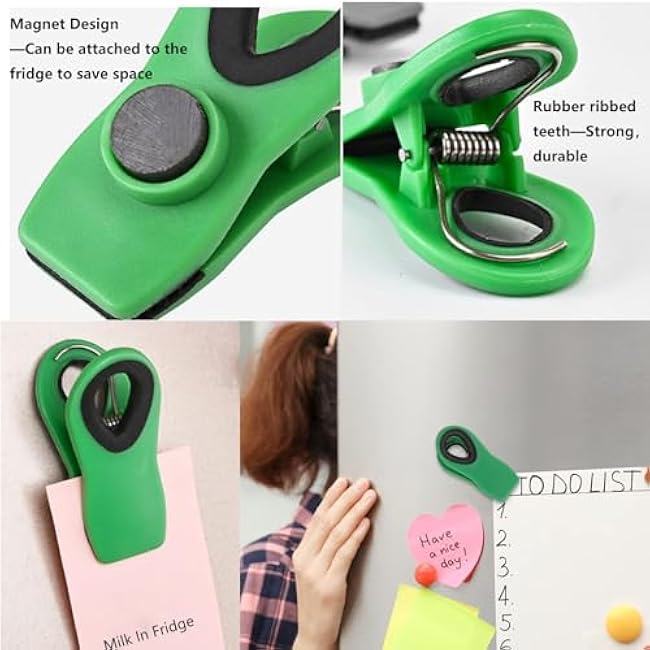 Green Clips Of 6 Pcs 2.95 Magnetic Bag Clips and 6 Pcs 3.05 Plastic Bags Clips for Food Storage, Kitchen Clips, Clips for Food Packages, Snack Clips