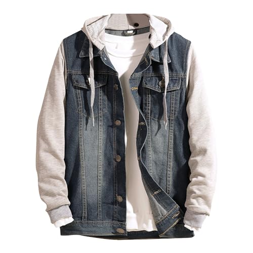 JEKE-DG Men's Hoodie Loose Fit Casual Jean Jacket Long Sleeve Fashion Denim Jackets Button Down Distressed Jean Coat