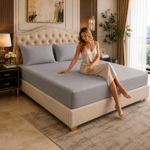 Image of LINENWALAS 100% Cotton Fitted Bedsheet, 400tc Long Staple Imported Egyptian Cotton, Premium Bed Sheet with Pillowcase for Queen Bed All-Around Elastic for 4-8 Inch Mattresses (60 inch x78 inch, Silver Grey)