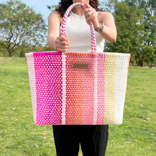 Image of MARIA VICTORIA Handwoven Plastic Mexican Tote Bag Large For Women, Waterproof, Lightweight, Multi-Color Design, Perfect for the Beach, Shopping, and Everyday Use, Coral Large