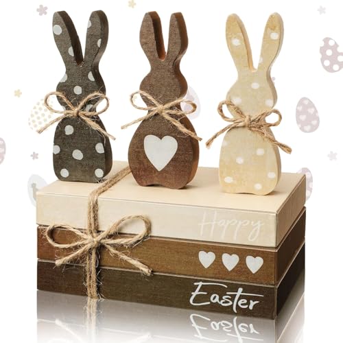 MURISE Decoración de Pascua de madera, libros decorativos con 3 conejos de Pascua, decoración para salón, mesa de comedor, estantería, mesa de café, estantería, decoración de habitación esthetic,