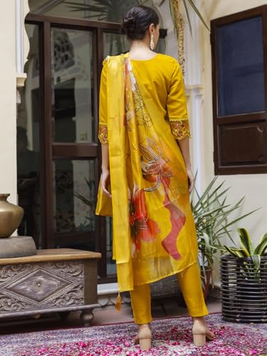 Image of VredeVogel Kurta Set with Dupatta | Viscose Roman Silk Embroidered Kurta Set for Women | Women's Ethnic Casual Kurti Set |Kurta Pant Festive Suit