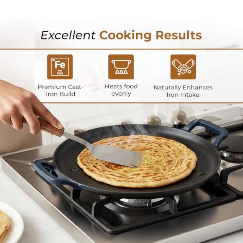 Image of HomeEssentials Round Non-Stick Cast Iron Tawa with Silicone Grip Handles | Non-Stick Cooking & Serving Pan for Dosa, Chapati, Roti, Pizza, Pancakes, Omelets and Daily Cooking