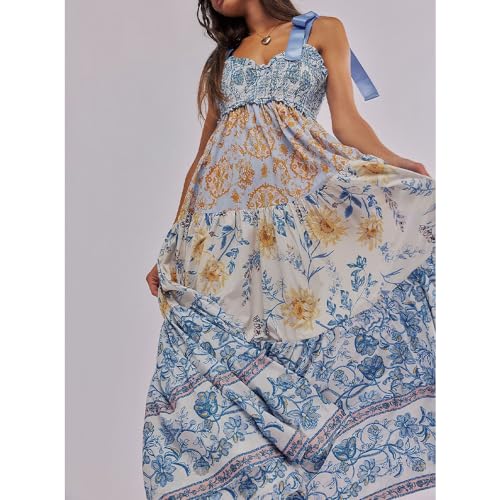 Women Floral Boho Sundress Tie Shoulder Smocked Patchwork Flowy Maxi Dresses with Pockets Summer Fall2
