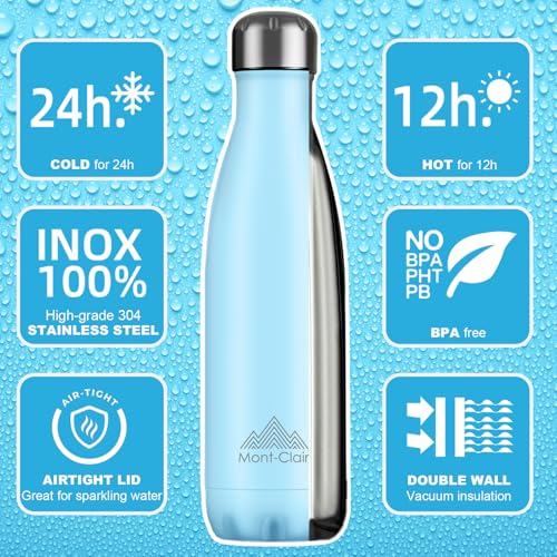 Image of Mont-Clair Stainless Steel Water Bottle, Vacuum insulated - BPA Free, 12h Hot & 24h Cold Drinks, Metal Water Bottle 17 oz Leakproof, Ideal for Adult, Kids, Running - Pastel Blue