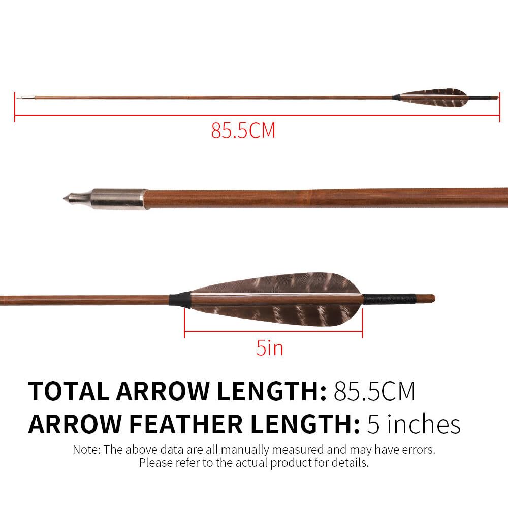 12 pz Frecce di bambù 33” Lunghezza Albero OD 7mm 8mm 5" Piuma di Tacchino Freccia de 2 Vane per Arco Ricurvo Tradizionale Arco Lungo Caccia Pratica di Tiro con L'Arco