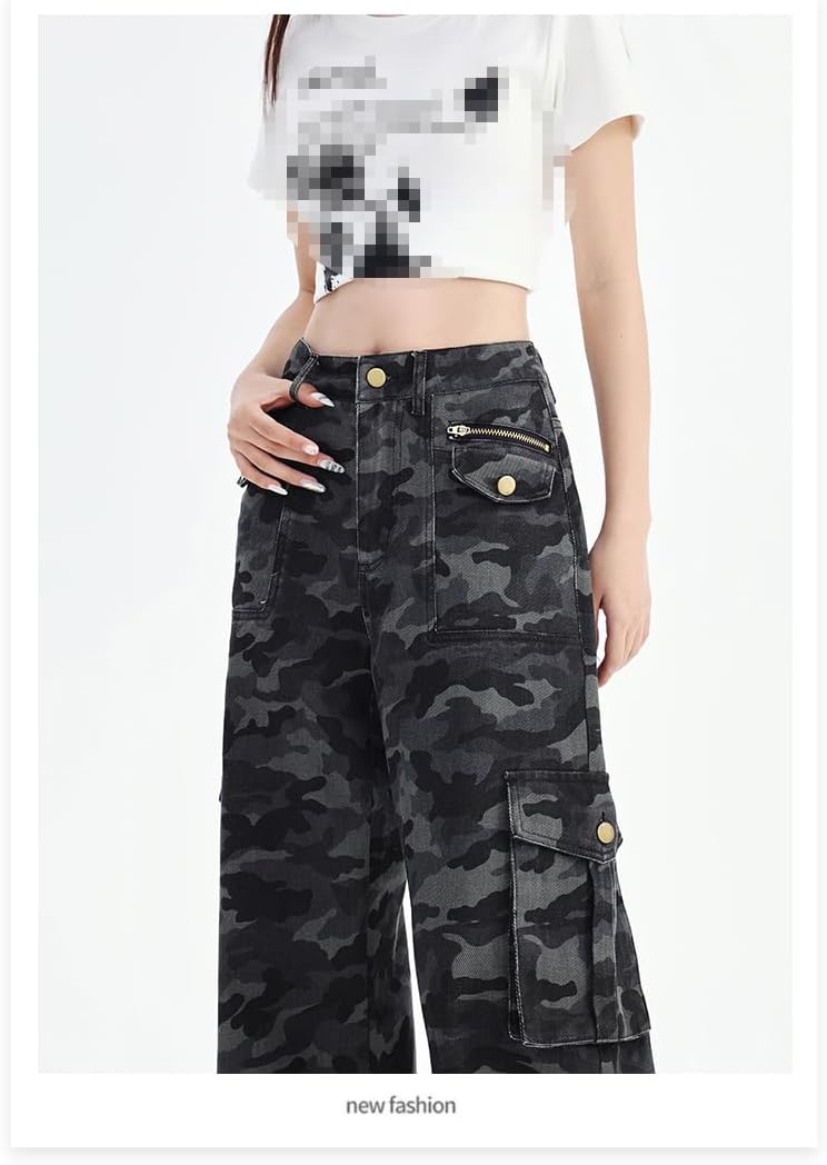 Summer American Casual Camouflage Wide-Leg Multi-Pocket Work Pants for Women