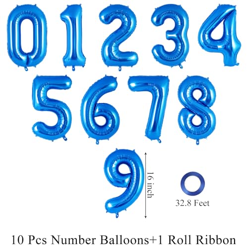 Image of 16 Inch Number 0-9 balloons, Blue Number Foil Balloons, Small Mylar Numbers Balloon Custom Digital Balloons for Birthday Aniversary Baby Shower Party Decorations Supplies