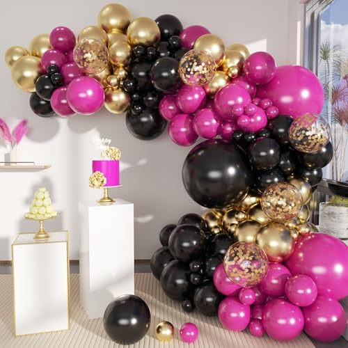 MEBAY Red Black Gold Balloon Garland Arch Kit, 156 Hot Pink Black Gold Metallic Balloons for Birthday, Wedding, Anniversary, Festival, Bachelorette, Gender Reveal