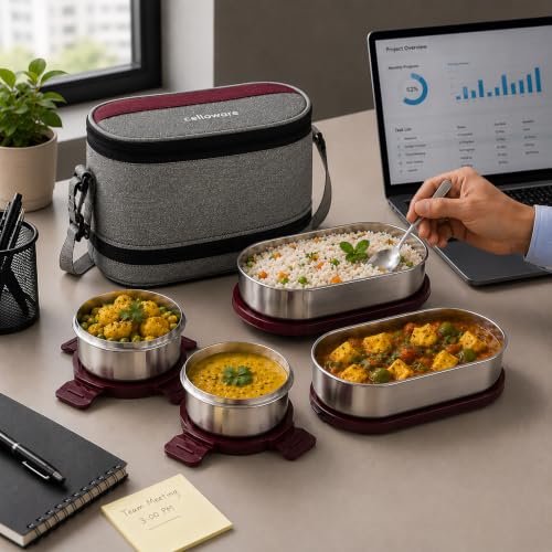 Image of CELLO MF Senator Set of 4 Stainless Steel Lunch Box with Extendable Zipper Bag, Burgundy | 300ml, 300ml, 500ml Containers, 750ml Oval Container with Spoon & Fork, Leakproof Tiffin Set for Office