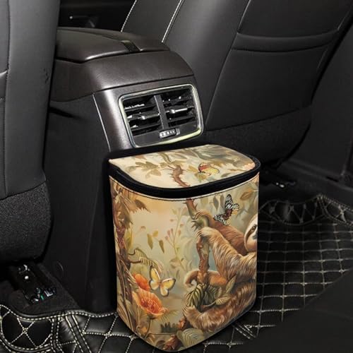 Image of Talayituse Sloth Butterfly Flower Print Car Trash Can with Adjustable Straps, Foldable Car Trash Bag Bin Car Garbage Bag Multipurpose Storage Box for Vehicle Travel Camping Picnicing
