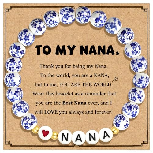 Sereney Mimi/Gigi/Nana/New Mom Gifts, Mimi/Gigi/Nana/New Mom Bracelet as Birthday Gift for Grandmother Great-grandmother Mother-in-law Mama, Bule and White Porcelain Stretch Bead Bracelet for Women