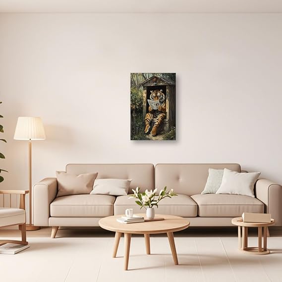 PBXBJY Tiger Canvas Wall Art Wild Animal Pictures Tiger Reading Newspaper in Outdoor Toilet Print Wildlife Painting Poster Farmhouse Cabin Bathroom Decor Framed (12.00 x 18.00)