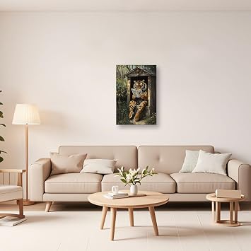 PBXBJY Tiger Canvas Wall Art Wild Animal Pictures Tiger Reading Newspaper in Outdoor Toilet Print Wildlife Painting Poster Farmhouse Cabin Bathroom Decor Framed (12.00 x 18.00)