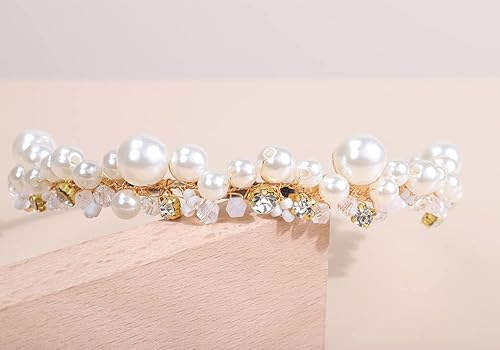 Miniatura 4 de JWICOS Diadema dorada para novia, tiara de perlas para mujer, accesorios para el cabello de boda con diamantes de imitación para novias y damas de