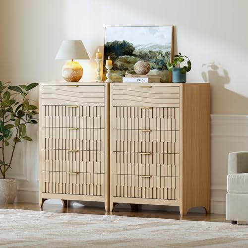 Image of Fluted 5 Drawers Dresser for Bedroom, 44'' Tall Wooden Chest of Drawers with Metal Handles, Modern Dresser TV Stand, Wood Clothing Storage Organizer for Living Room, Entryway, Natural Oak