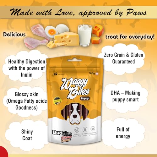 Image of DuoBites Chicken & Cheese Soft Treats for Dogs & Puppies | Grain & Gluten-Free | Inulin for Healthy Digestion | DHA Enriched for Brain Development | 100 g | Pack of 1