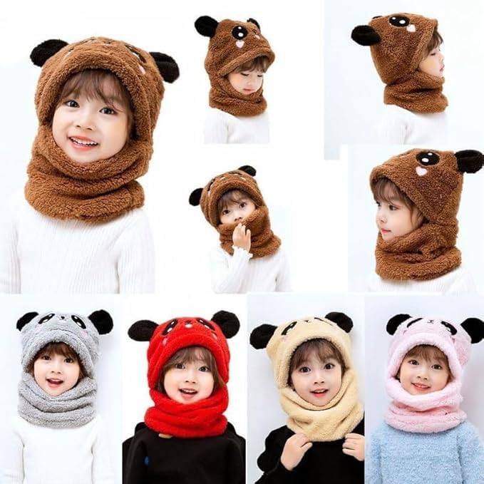 Image of TopiBaaz Cute Panda Cartoon Monkey Cap for Boys and Girls (Pack of 1) | Age - 6 Years to 12 Years |Free Size | Plush Wool | Winter Cap | Neck Scarf