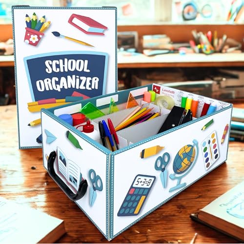 Lavatelli Back to School Organizer, Kartonbox für Kinder Schulsachen. Schreibwaren & Kreativmaterial, 4 verstellbare Fächer + Stifthalter, für A4 Blätter, Stifte & Marker, 32x22,5x15 cm