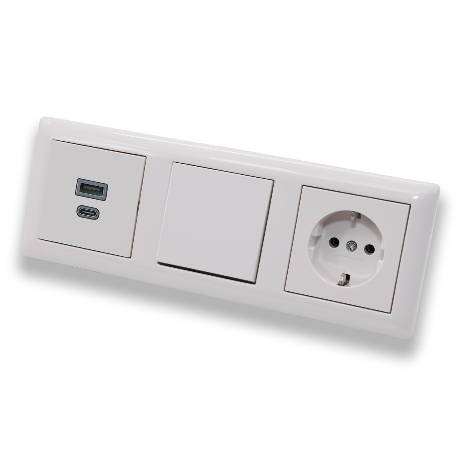 EBROM USB-C und USB-A Unterputz Lader, 45+15 Watt Leistung, Schnellladefunktion für Wearables, Smartphones Tablets + Gira Tastschalter 015100 + Steckdose mit Kinderschutz System 55 reinweiß glänzend