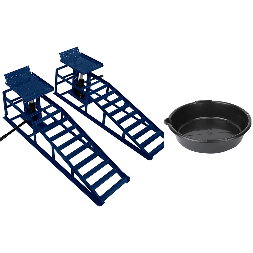 Hydraulic Car Ramps Pair 1.5 Ton Each 3 Ton Total Heavy Duty Ramps with Bottle Jack Lift Adjustable Height 305 to 390mm 34 x 26cm Platform 245mm Tyre Width plus 6L Oil Drain Pan Bundle