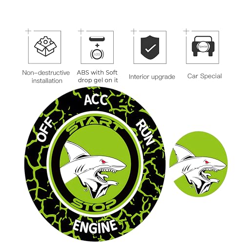 Image of TOOLEPIC Push Start Button Cover for Dodge Challenger Charger Durango Chrysler Journey Ram Accessories 2015-2024, Engine Start Stop Ignition Switch Kit -Angry Shark Design-Crazy Green Custom Fit