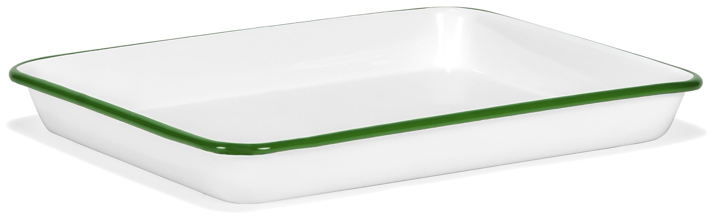 Red Co. 11" x 9" Enamelware Metal Classic 2 Quart Rectangular Serving Tray, Solid White/Dark Green Rim