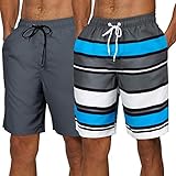 SILKWORLD Men's 2 Pack Bathing Suit Quick Dry Trunks Classic Length Sports Swimwear Shorts with Pockets, Grey, Printed 3C(Pack of 2), Large