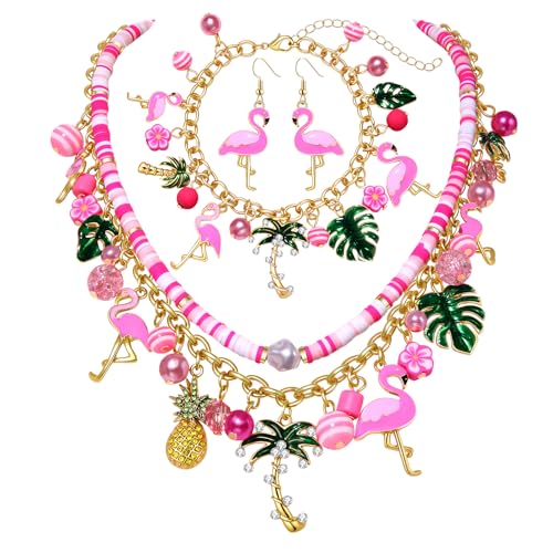 YAHPERN Flamingo Jewelry Set for Women Pink Flamingo Necklace Bracelet Earrings Coconut Tree Palm Leaves Choker Necklace Charm Bracelet Tropical Summer Beach Jewelry Accessories Gifts